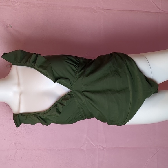 New Cupshe Olive Green Ruffle Sleeve Lace Up Back Plunge Neck One Piece Swimsuit - Picture 1 of 8